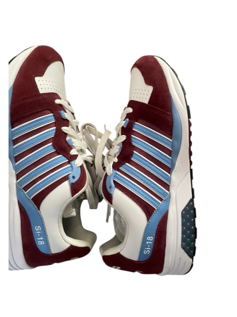 K-Swiss men’s 11.5 White Sneakers with Light Blue and Burgundy Accents